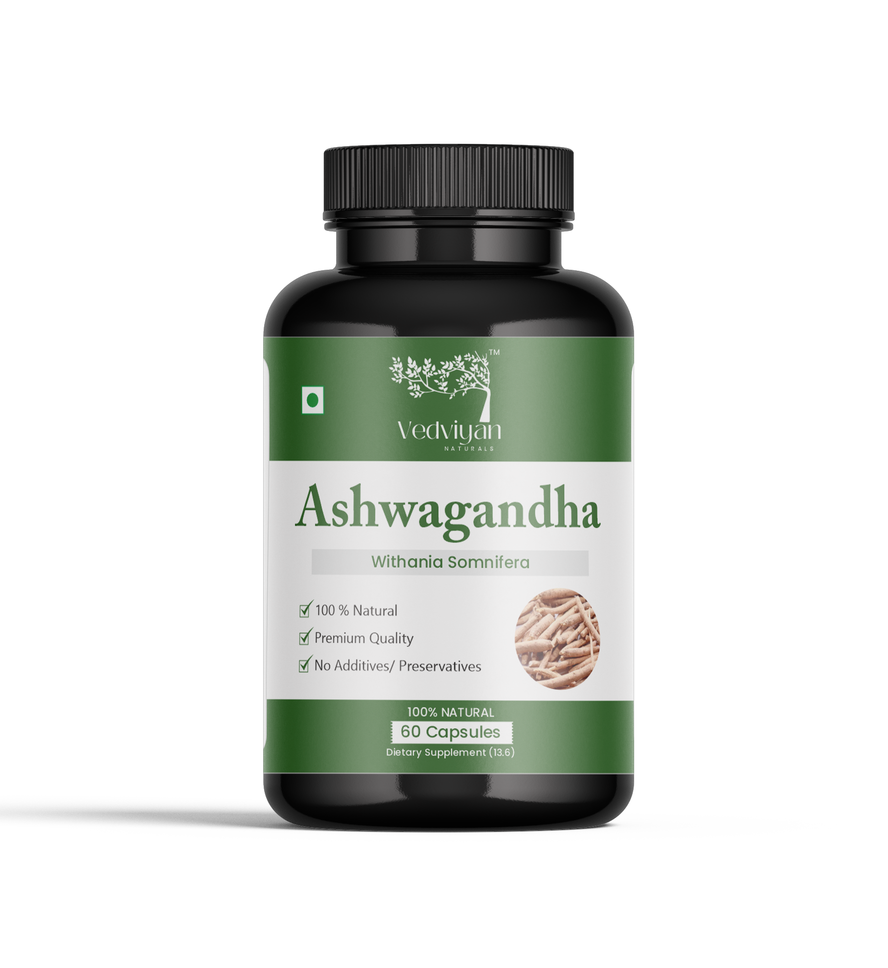 VedViyan Naturals Ashwagandha 500mg 60 Capsules | Natural stress relief and Energy booster | Supports Immunity, brain health | by M & V FOODS AND HERBS