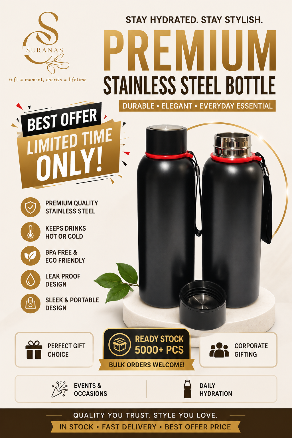 Wholesale Stainless Steel Vacuum Bottle, Leak-Proof, Hot & Cold Retention, Protective Rubber Sleeve by Suranas